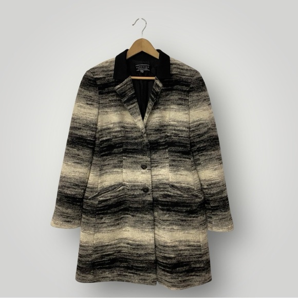 Peruvian Connection Virgin Wool Blend Black,Gray White Ombré Striped Coat Sz 10 - Picture 2 of 13